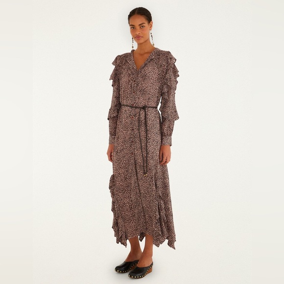 FARM RIO Pink Baby Leopard Long Sleeve Angled Frill Maxi Dress